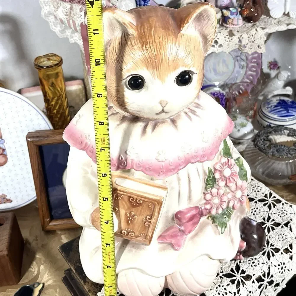 Vintage Japan Emily the Cat Cookie Jar Holding Book and Flowers Ceramic 1980s